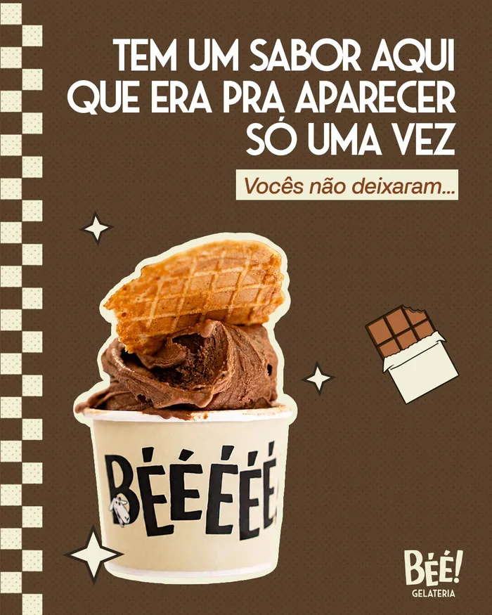 Pote de gelato de chocolate com waffle da Béé
