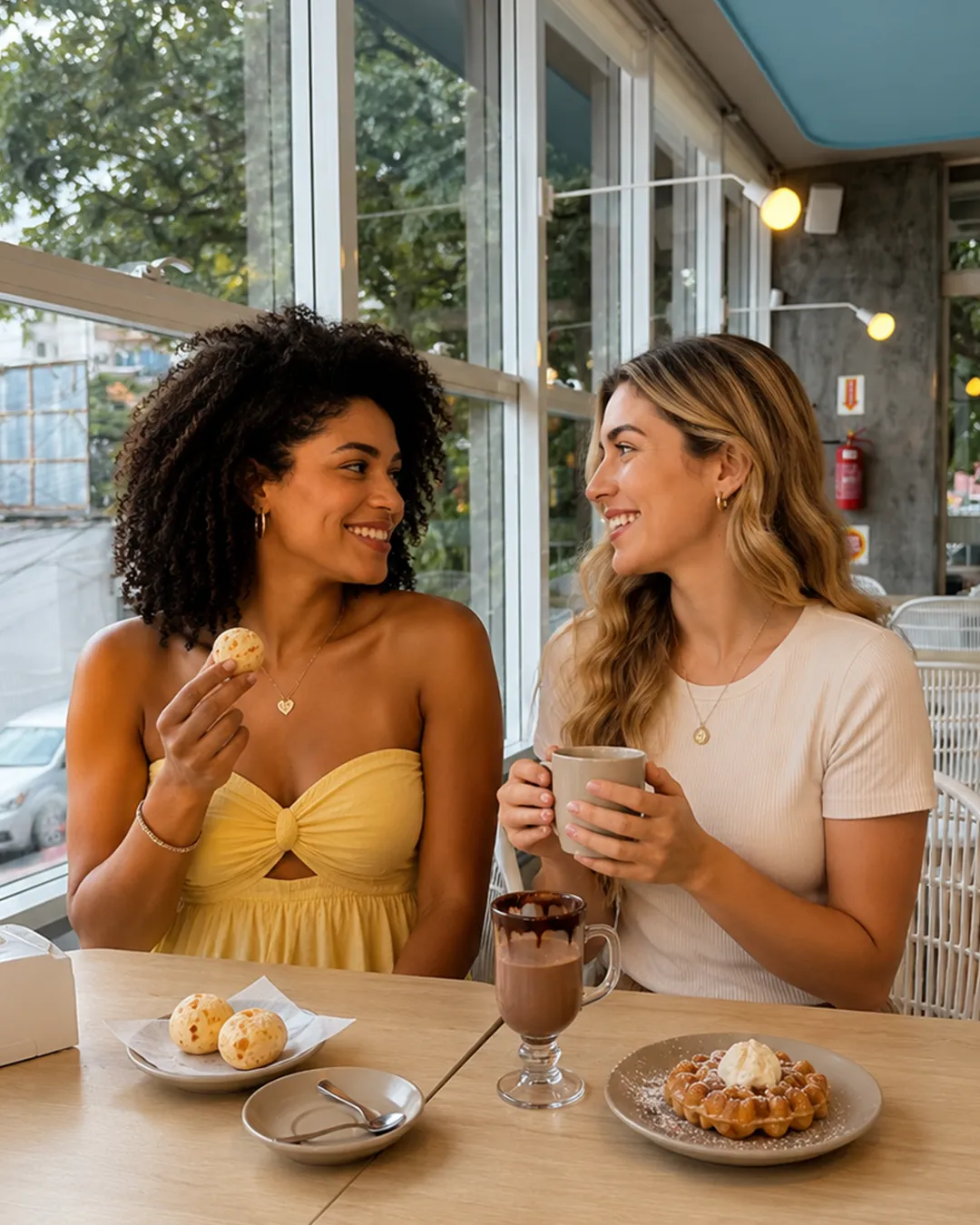 Duas amigas sorrindo em uma mesa da Béé, com pão de queijo, waffle e chocolate quente